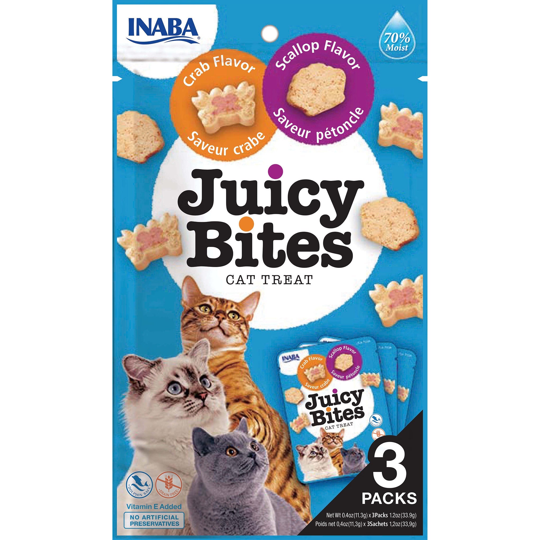 Inaba Juicy Bites Scallop & Crab cat treat, front of pack, 3 packs x 11.3g