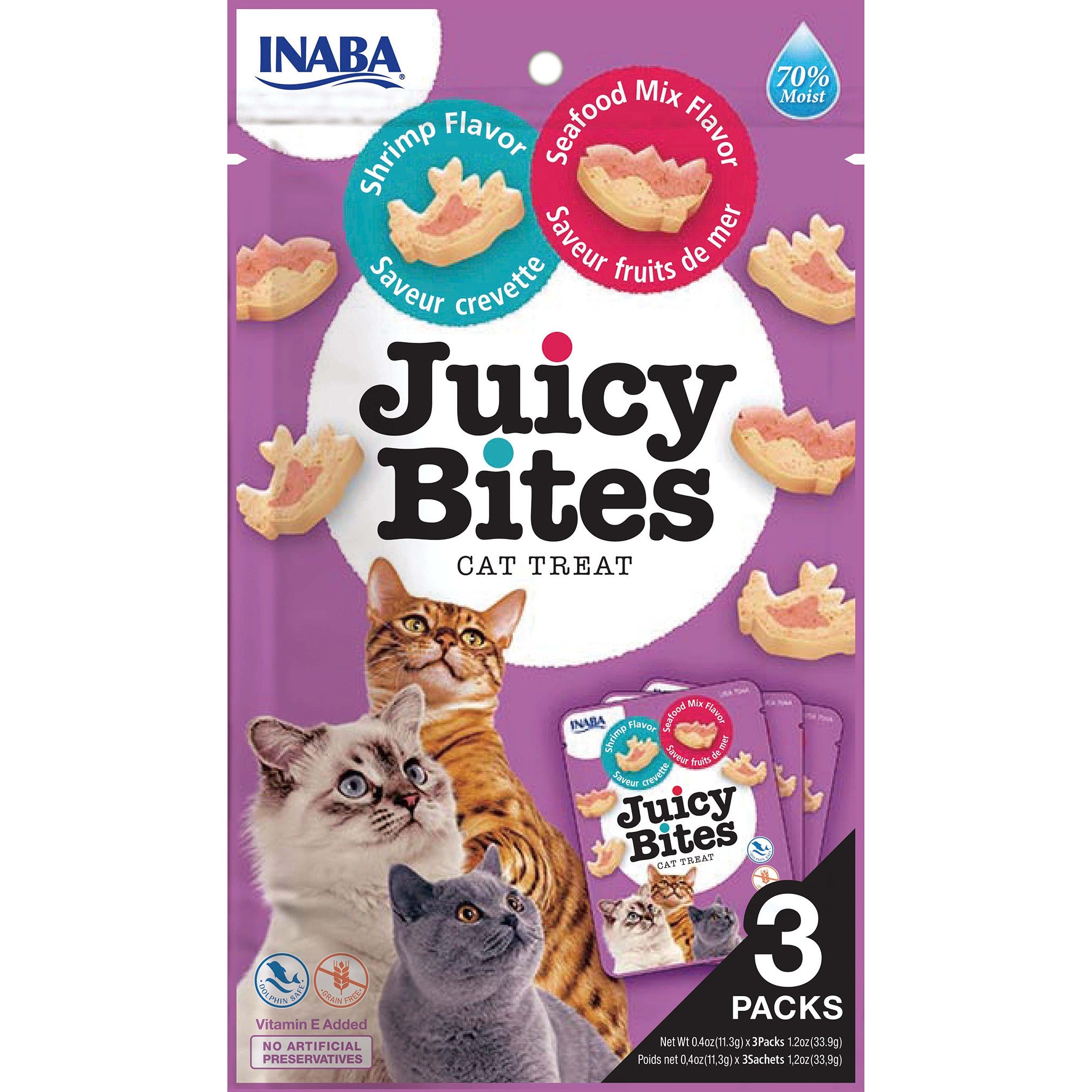 Inaba Juicy Bites Shrimp & Seafood Mix cat treat, front of pack, 3 packs x 11.3g