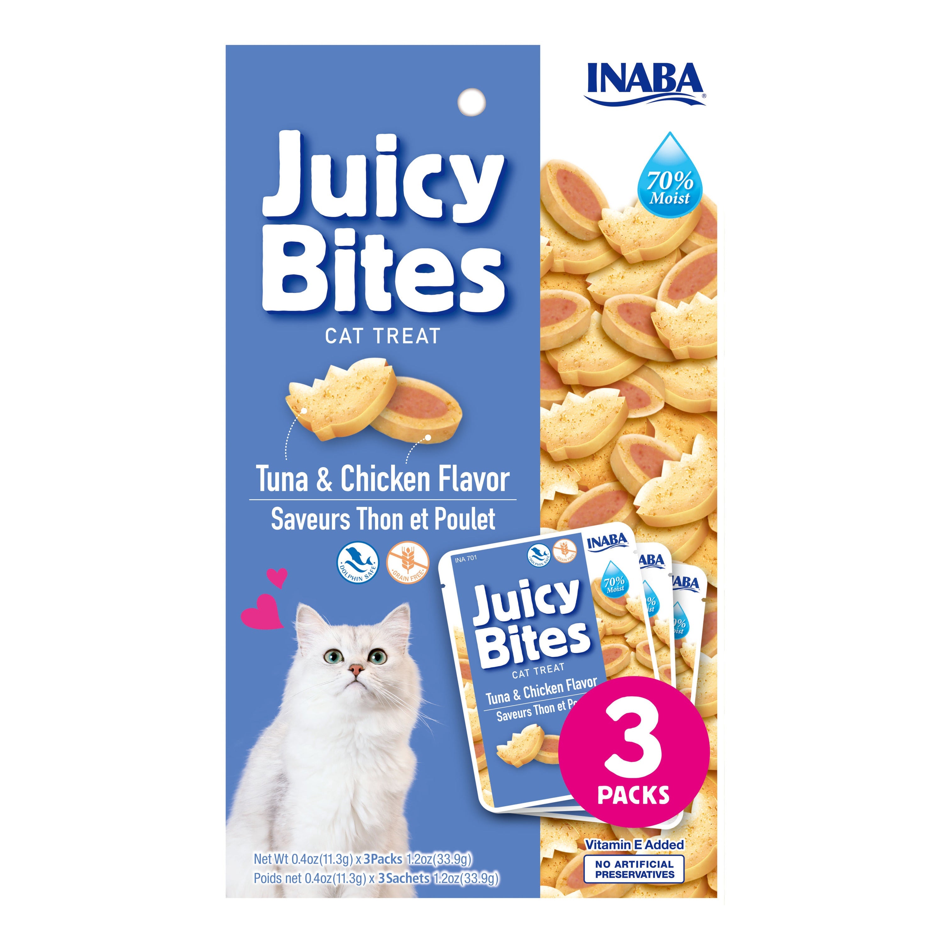 Inaba Juicy Bites Tuna & Chicken cat treat, front of pack, 3 packs x 11.3g