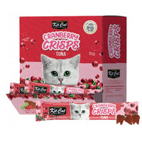 Kit Cat Cranberry Crisps Tuna cat treats, retail display carton with stick packs fanned out in front