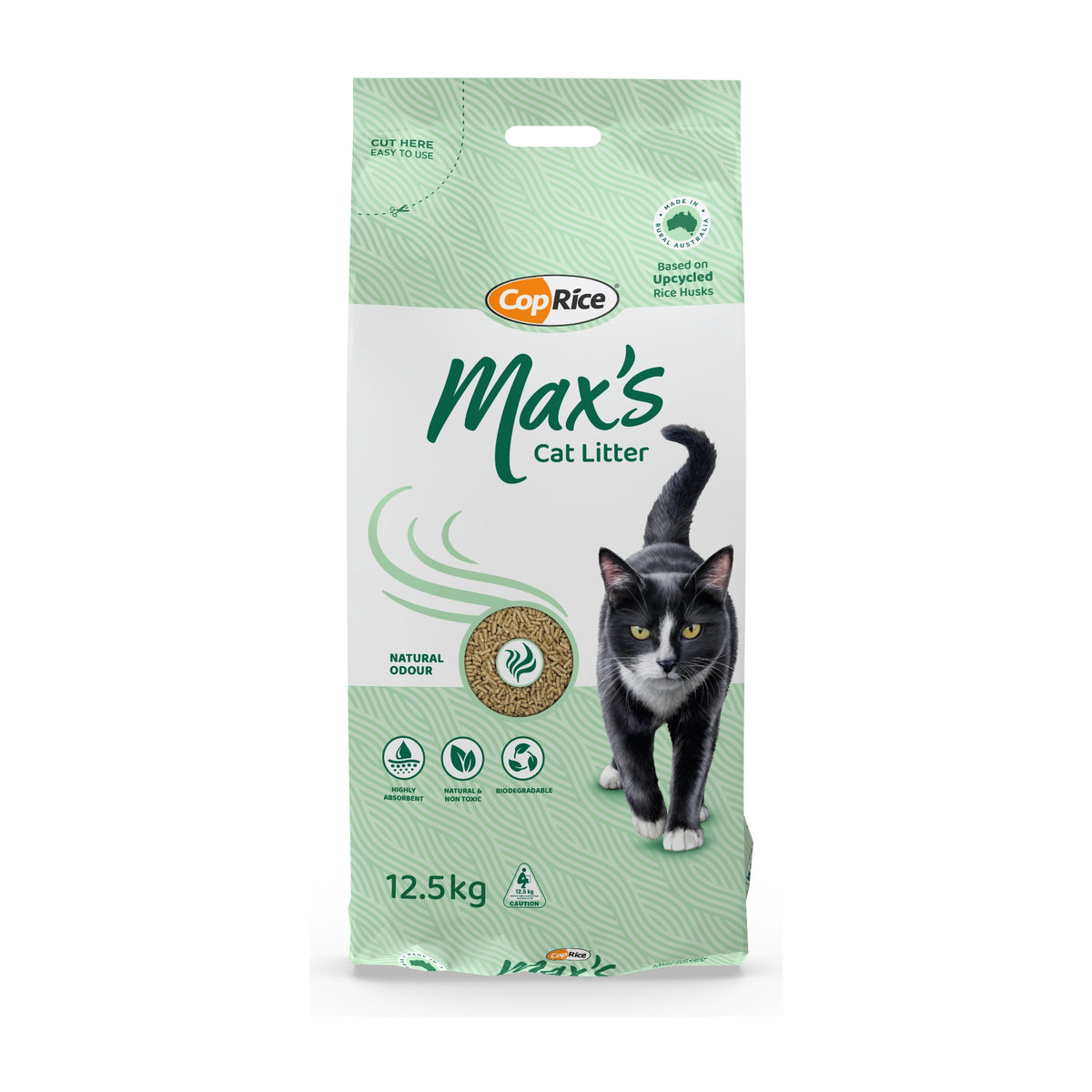 Max's Cat Litter 12.5kg bag - CopRice natural rice husk cat litter, front of pack