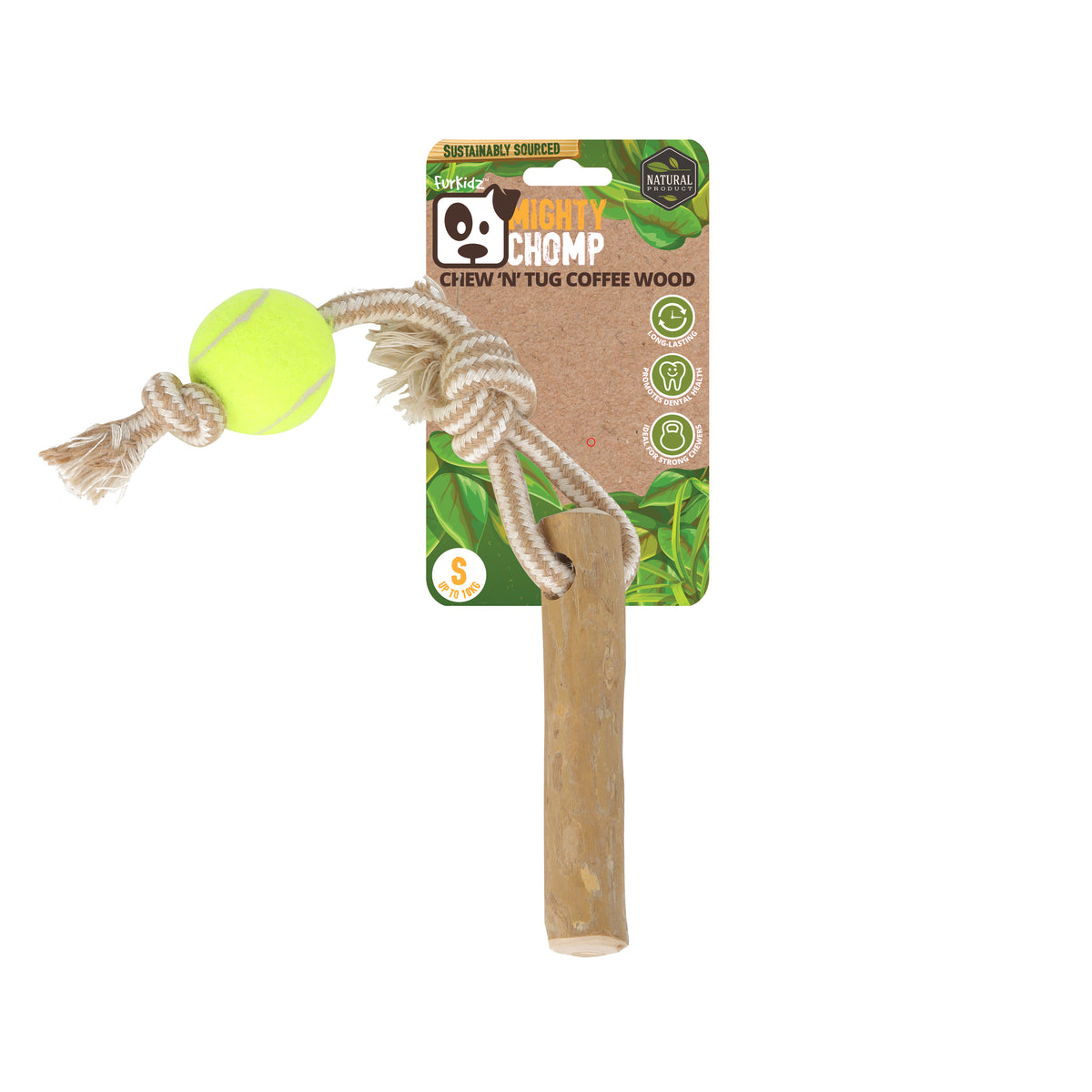 FurKidz Dog Toys Mighty Chomp Coffee Wood Rope Tugg with Tennis Balls - Small | PeekAPaw Pet Supplies