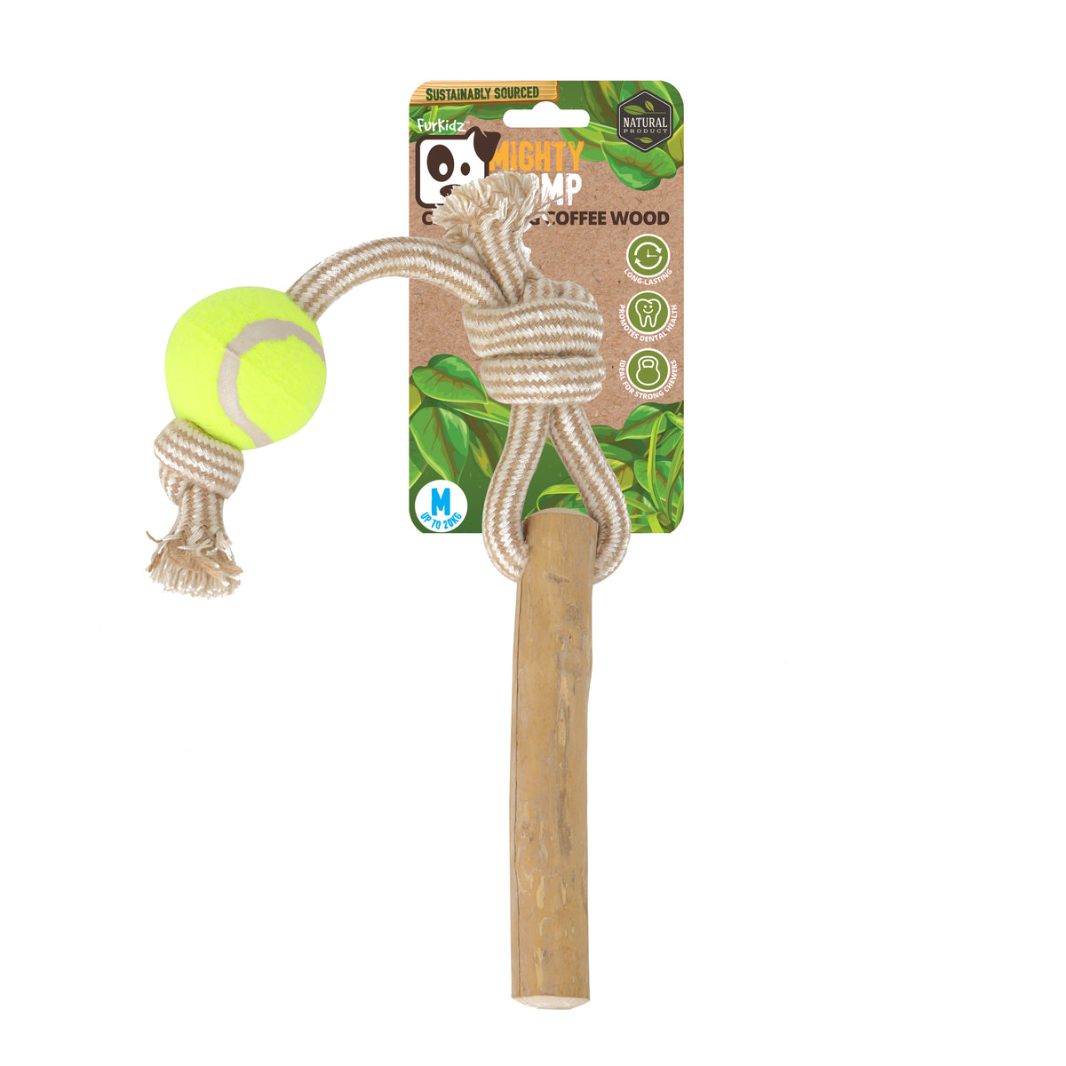 FurKidz Dog Toys Mighty Chomp Coffee Wood Rope Tugg with Tennis Balls - Medium | PeekAPaw Pet Supplies