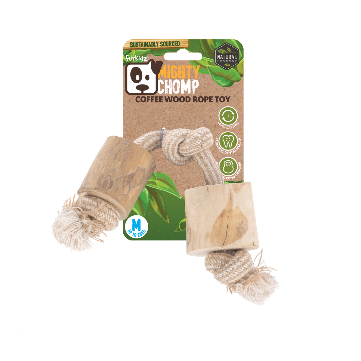 FurKidz Dog Toys Mighty Chomp Coffee Wood Rope Toy - Medium | PeekAPaw Pet Supplies