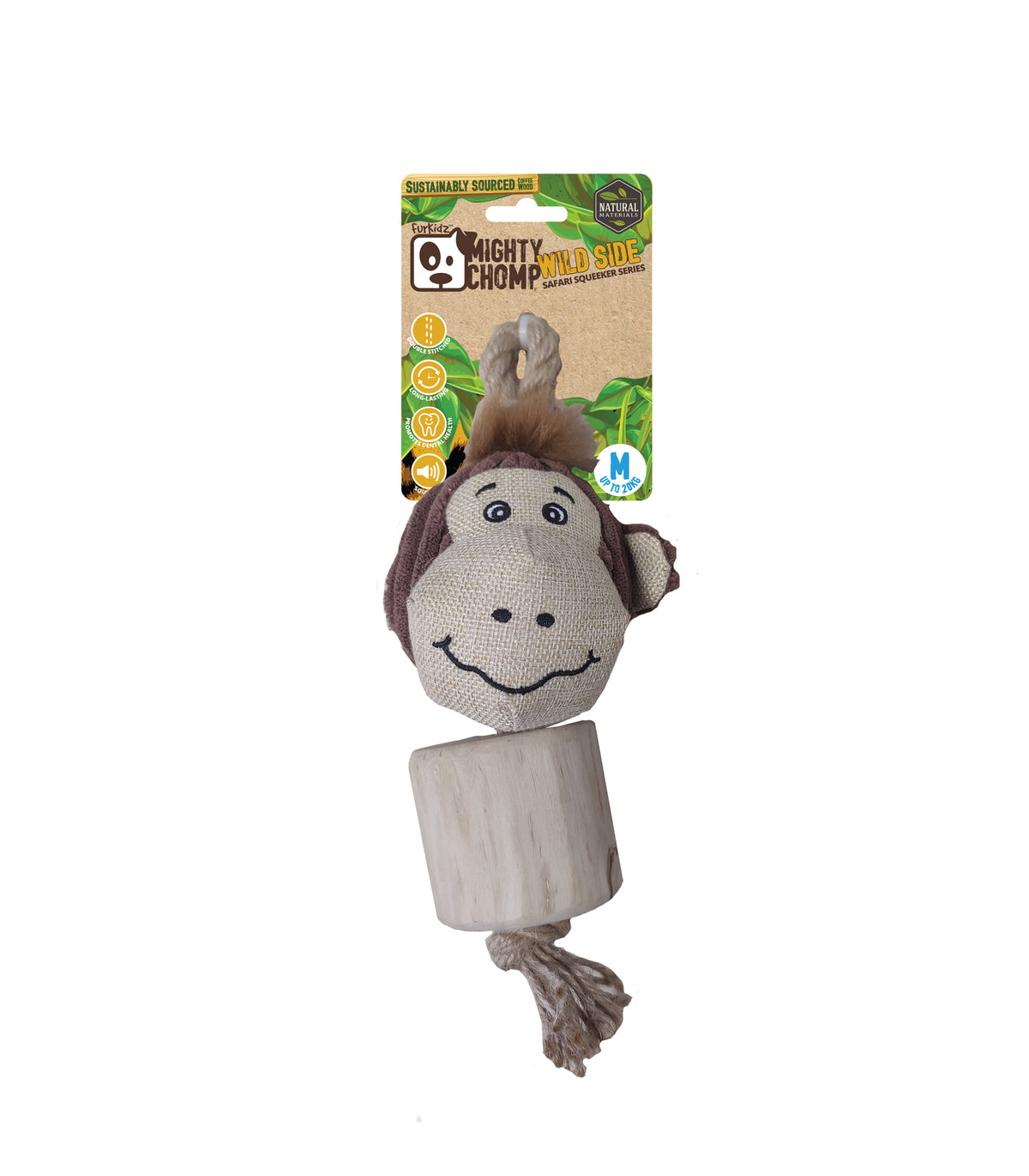 FurKidz Dog Toys Mighty Chomp Safari Coffee Wood Monkey with Rope - 25cm | PeekAPaw Pet Supplies