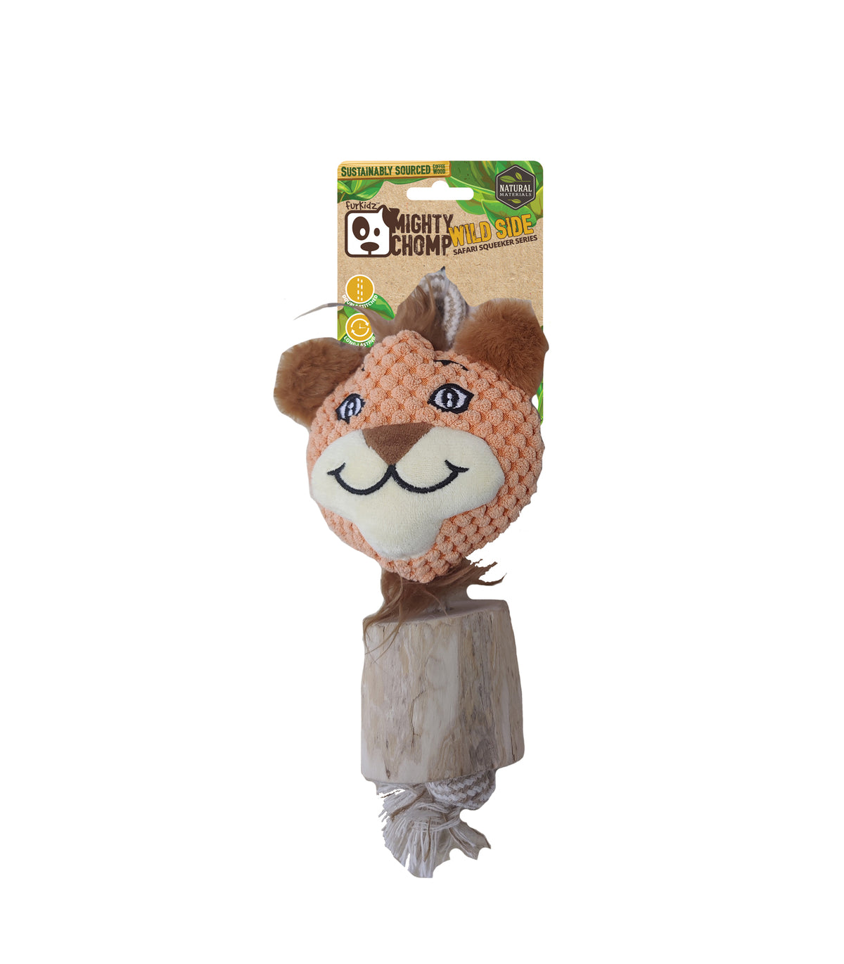 FurKidz Dog Toys Mighty Chomp Safari Coffee Wood Lion Cub with Rope - 25cm | PeekAPaw Pet Supplies