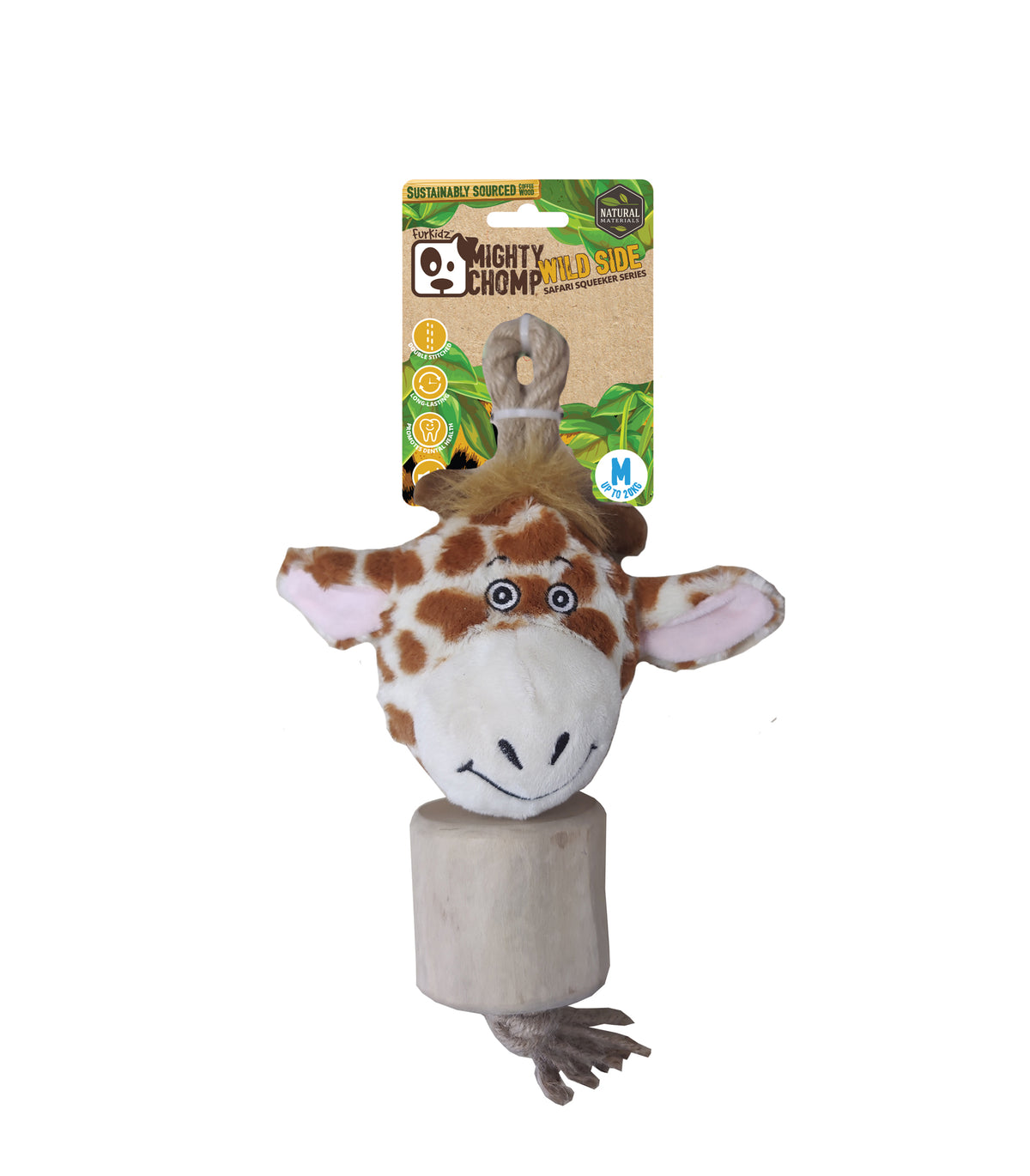 FurKidz Dog Toys Mighty Chomp Safari Coffee Wood Giraffe with Rope - 25cm | PeekAPaw Pet Supplies