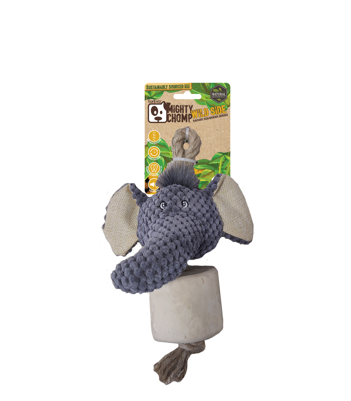 FurKidz Dog Toys Mighty Chomp Safari Coffee Wood Elephant with Rope - 25cm | PeekAPaw Pet Supplies