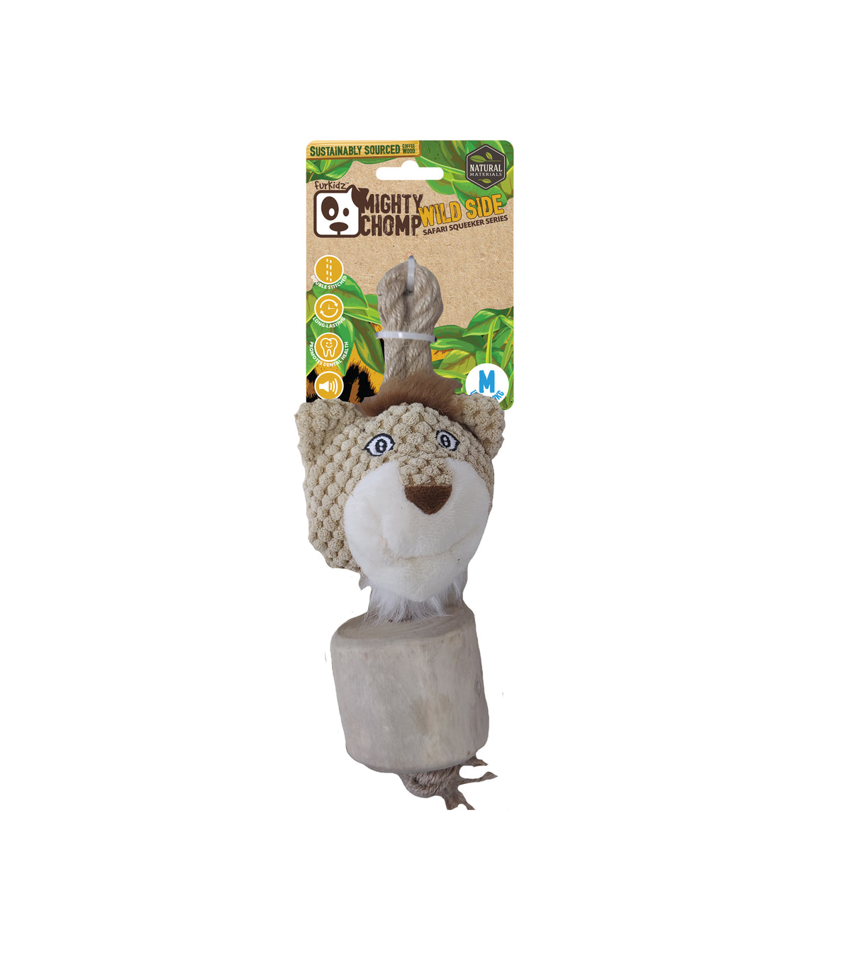 FurKidz Dog Toys Mighty Chomp Safari Coffee Wood Cheetah with Rope - 25cm | PeekAPaw Pet Supplies