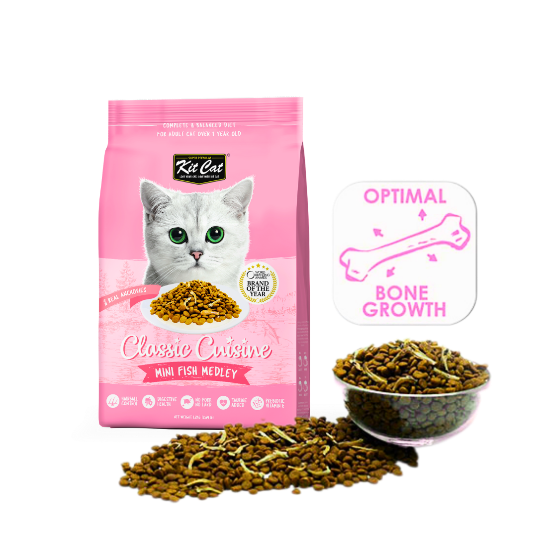 Kit Cat Mini Fish Medley dry cat food pack with kibble and bone growth icon