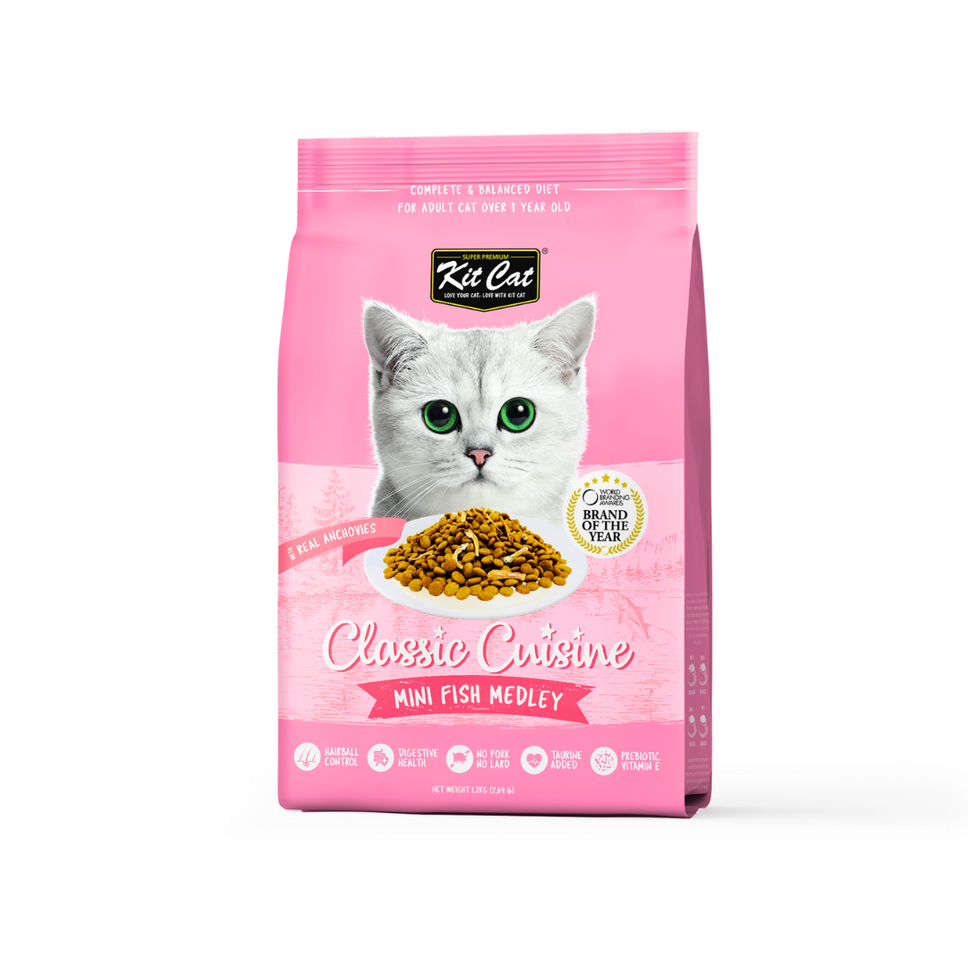 Kit Cat Premium Dry Cat Food Mini Fish Medley pack front