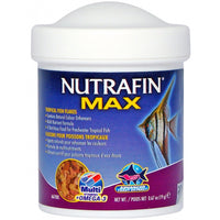 Nutrafin Max tropical fish flakes in a 19g tub, purple label with an angelfish