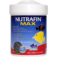 Nutrafin Max tropical spirulina flakes in a 38g tub, blue label with a yellow tang