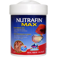 Nutrafin Max colour enhancing tropical flakes in a 38g tub, blue and red label with discus