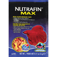 Nutrafin Max betta colour enhancing flakes in a 3g black sachet with a red betta on the front