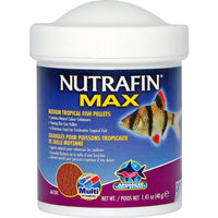 Nutrafin Max medium tropical fish pellets in a 40g tub, tiger barbs pictured on the label