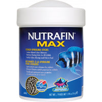 Nutrafin Max cichlid spirulina sticks in a 56g tub, blue African cichlids on the label