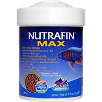 Nutrafin Max cichlid sinking granules in a 100g tub, an African cichlid on the label