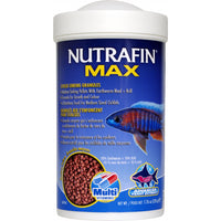 Nutrafin Max cichlid sinking granules in a 220g tub, an African cichlid on the label