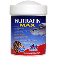 Nutrafin Max predator sticks in an 80g tub, a large predatory tropical fish on the label