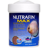 Nutrafin Max discus sinking granules in an 85g tub, a striped discus on the label