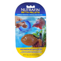 Nutrafin betta pellets in a 12g pouch pack, a betta and the pellets pictured on the front