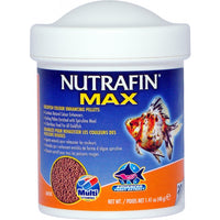 Nutrafin Max goldfish colour enhancing pellets in a 40g tub, a calico goldfish on the label