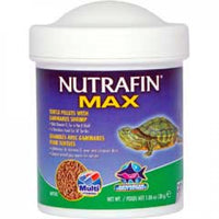 Nutrafin Max turtle pellets with gammarus shrimp in a 30g tub, turtles pictured on the label