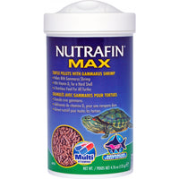 Nutrafin Max turtle pellets with gammarus shrimp in a 135g tub, turtles pictured on the label