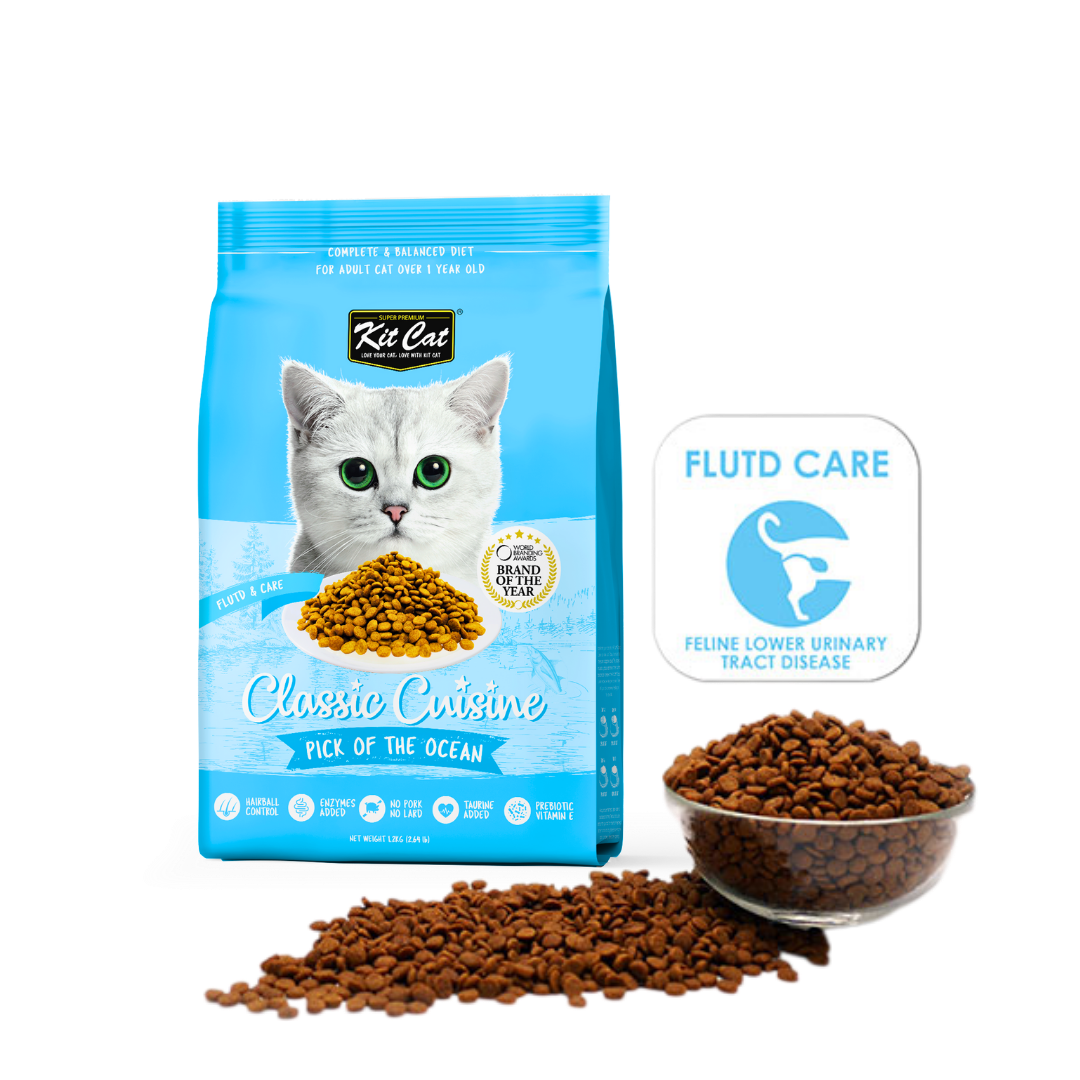 Kit Cat Pick of The Ocean dry cat food pack with kibble and urinary care icon