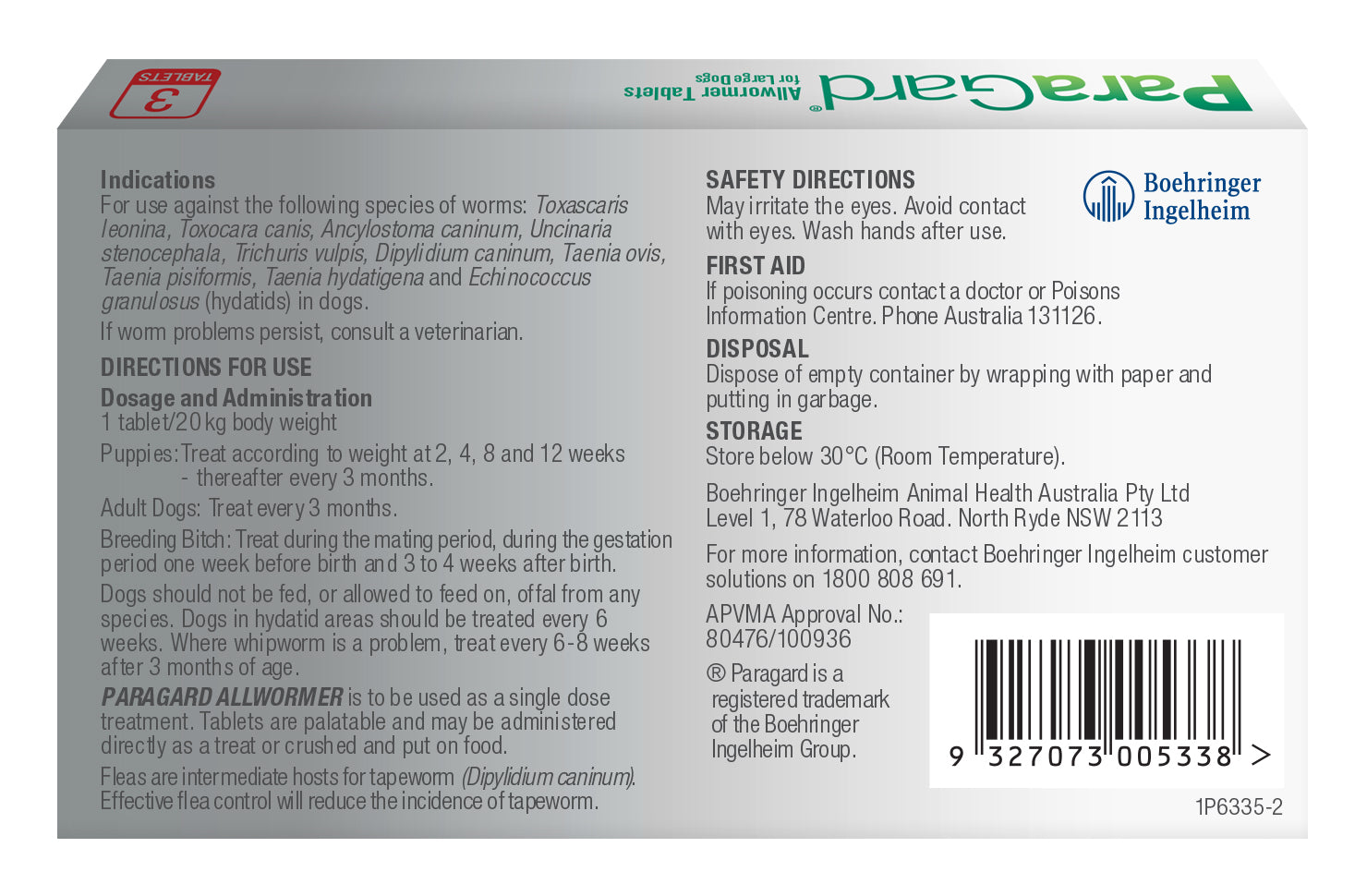 Back of the red ParaGard Allwormer 3 pack for Large Dogs