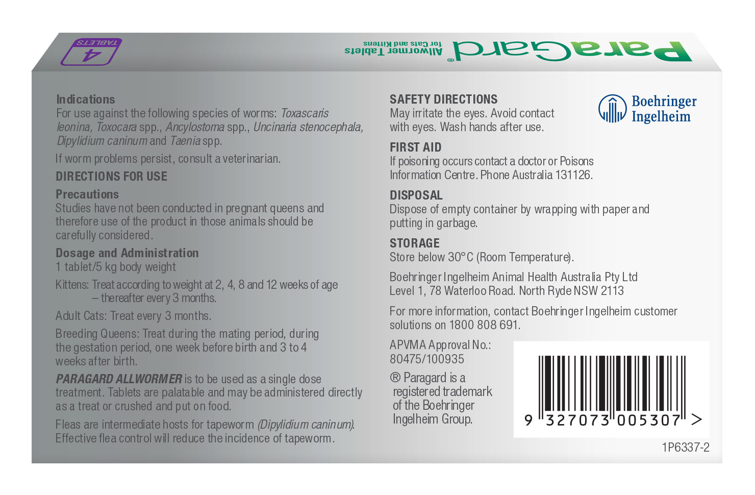 Back of the purple ParaGard Allwormer 4 pack for Cats and Kittens