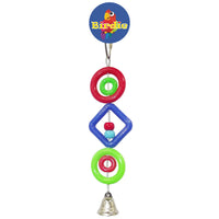 Birdie Small Plastic Rings Beads toy on its Birdie card, a red ring, blue diamond and green ring above a bell