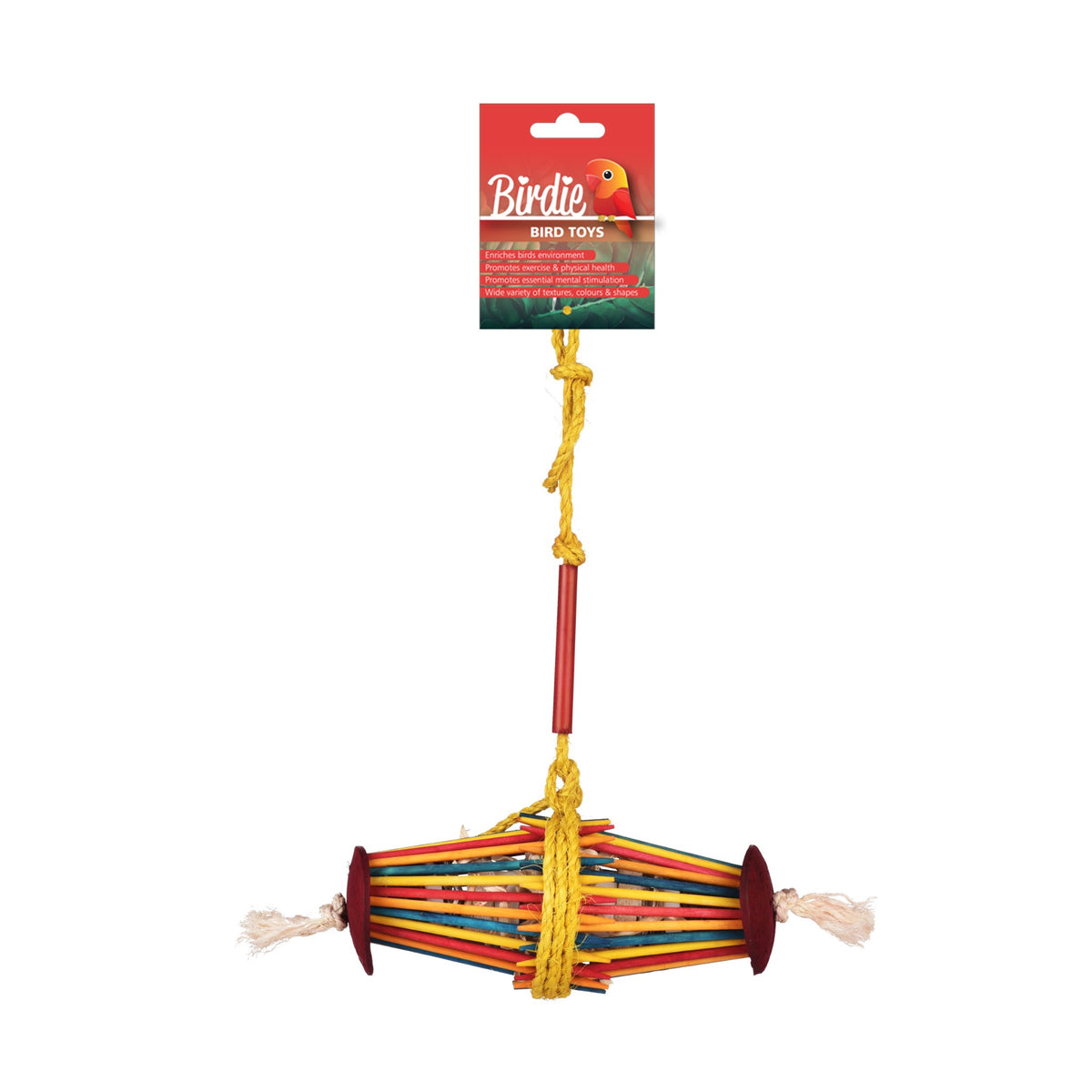Birdie Foraging Chopstick Toy on its red Birdie card, a wide fan of coloured woven sticks, 31 x 26cm