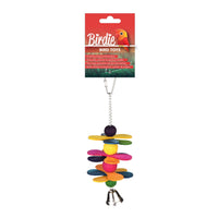 Birdie Rainbow Spinning Sticks toy on its red Birdie card, flat coloured wooden discs stacked above a bell