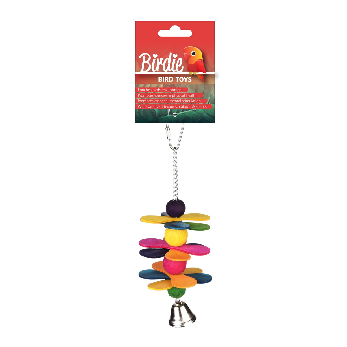 Birdie Rainbow Spinning Sticks toy on its red Birdie card, flat coloured wooden discs stacked above a bell