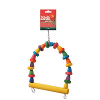 Birdie Rainbow Block with Spool Swing on its Birdie card, an arch of coloured blocks over a yellow perch bar