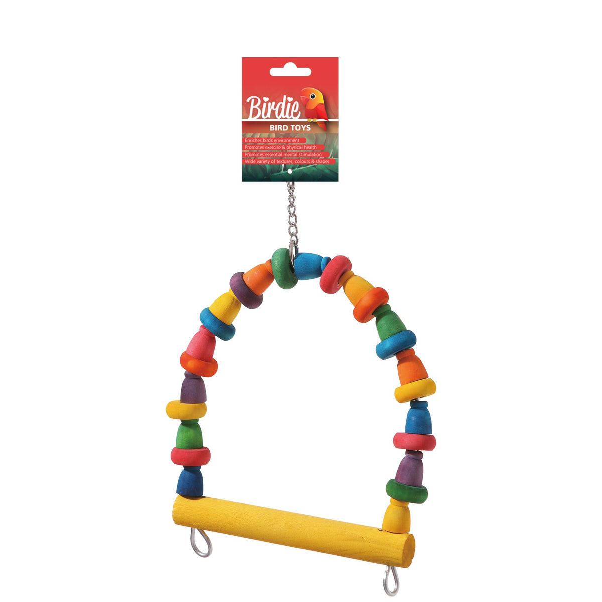 Birdie Rainbow Block with Spool Swing on its Birdie card, an arch of coloured blocks over a yellow perch bar