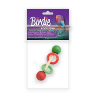 Birdie Foot Barbell Toy in its purple Foot Toys blister pack, green and red balls and rings on a short bar