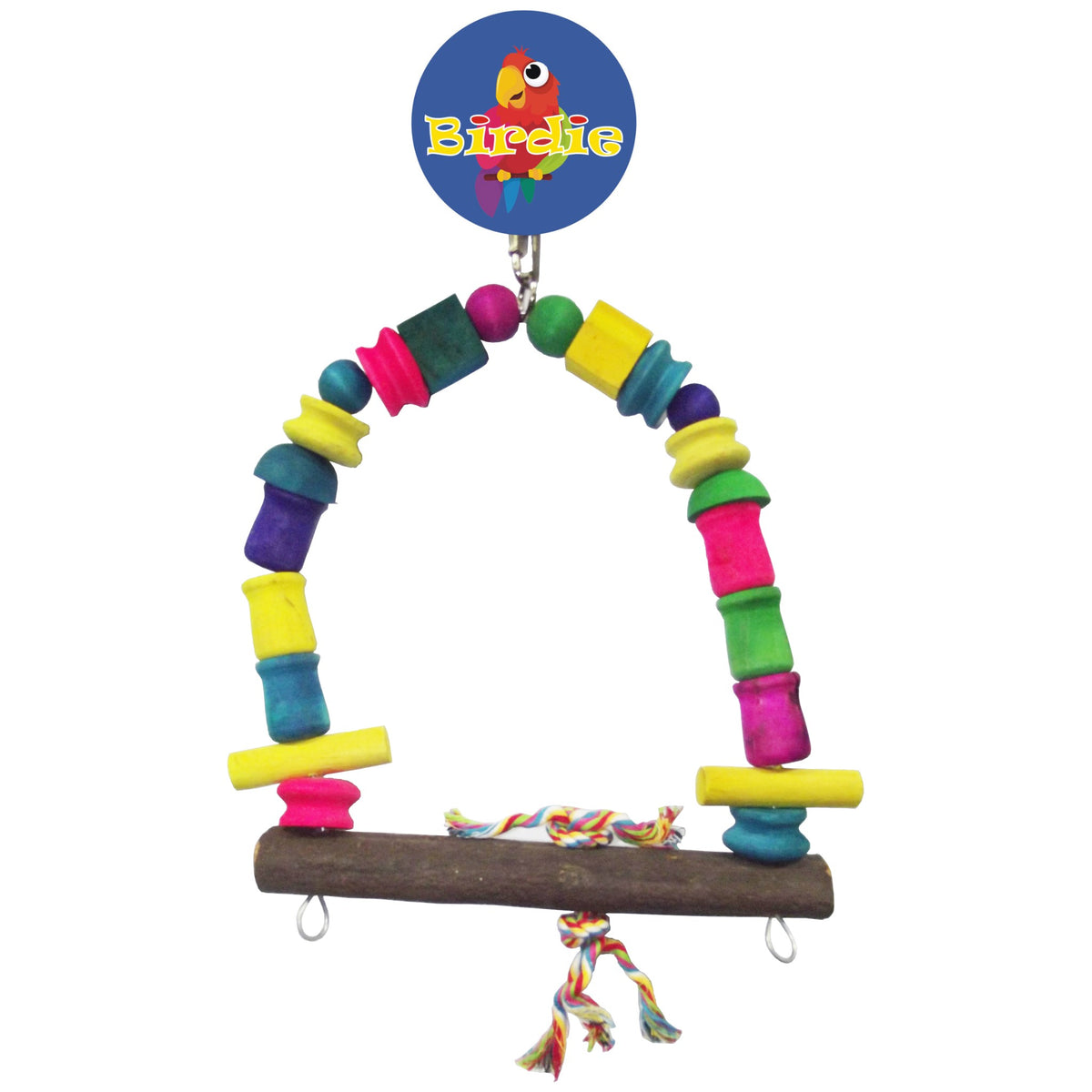 Birdie Large Block and Spool Swing on its Birdie card, an arch of coloured blocks over a natural branch perch