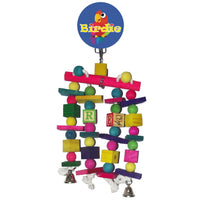 Birdie Large Multi Bead Block on its Birdie card, a dense panel of coloured blocks, beads and letter dice above a bell