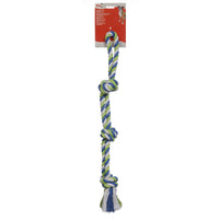 Blue, white and green three-knot rope toy, laid out straight