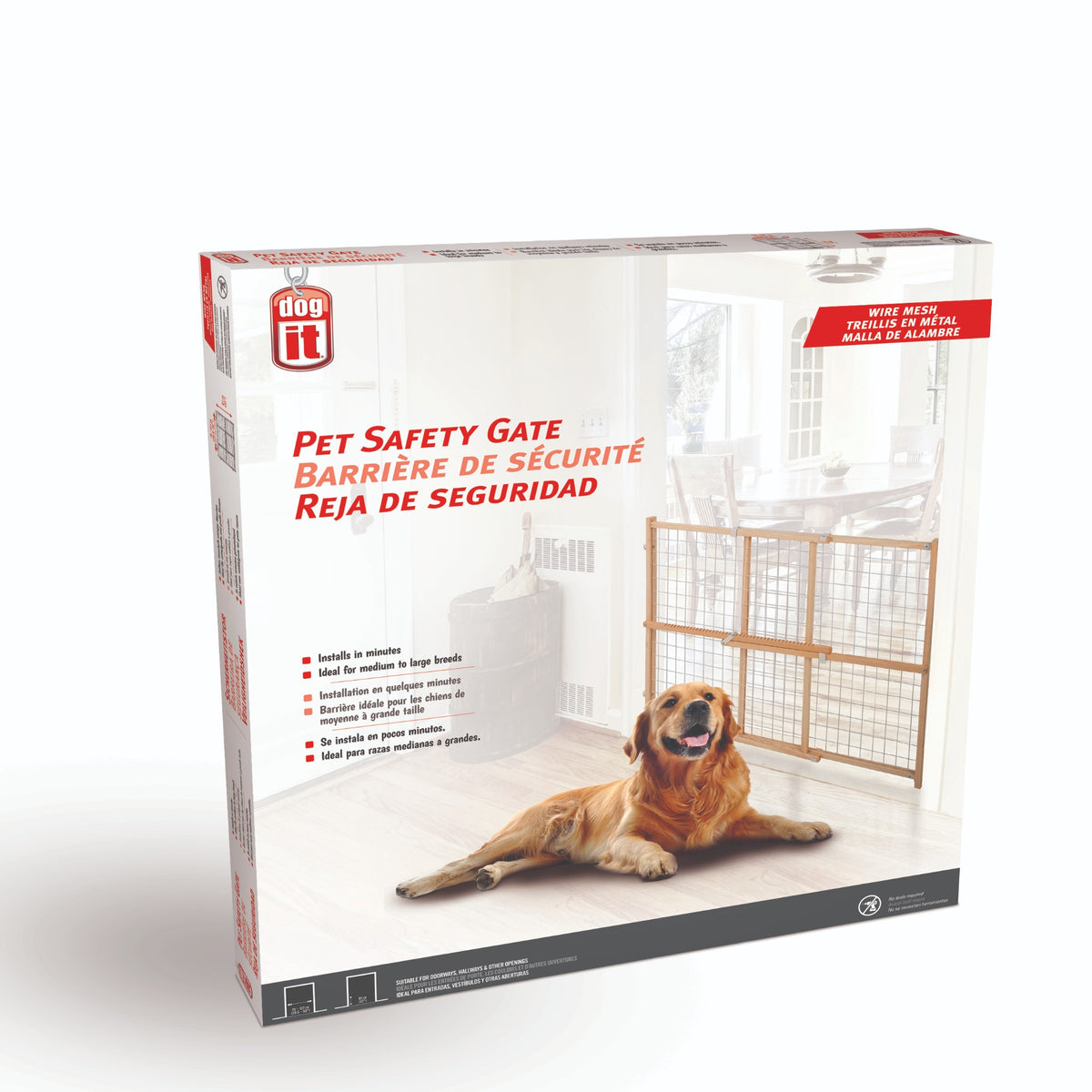 Packaging box, Dogit Pet Safety Gate wire mesh, golden retriever lying behind the gate