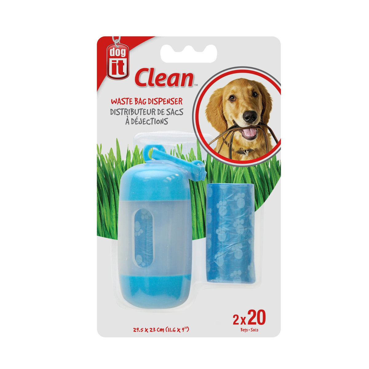 Packaging card, Dogit Clean waste bag dispenser with two bag rolls, dog photo on grass