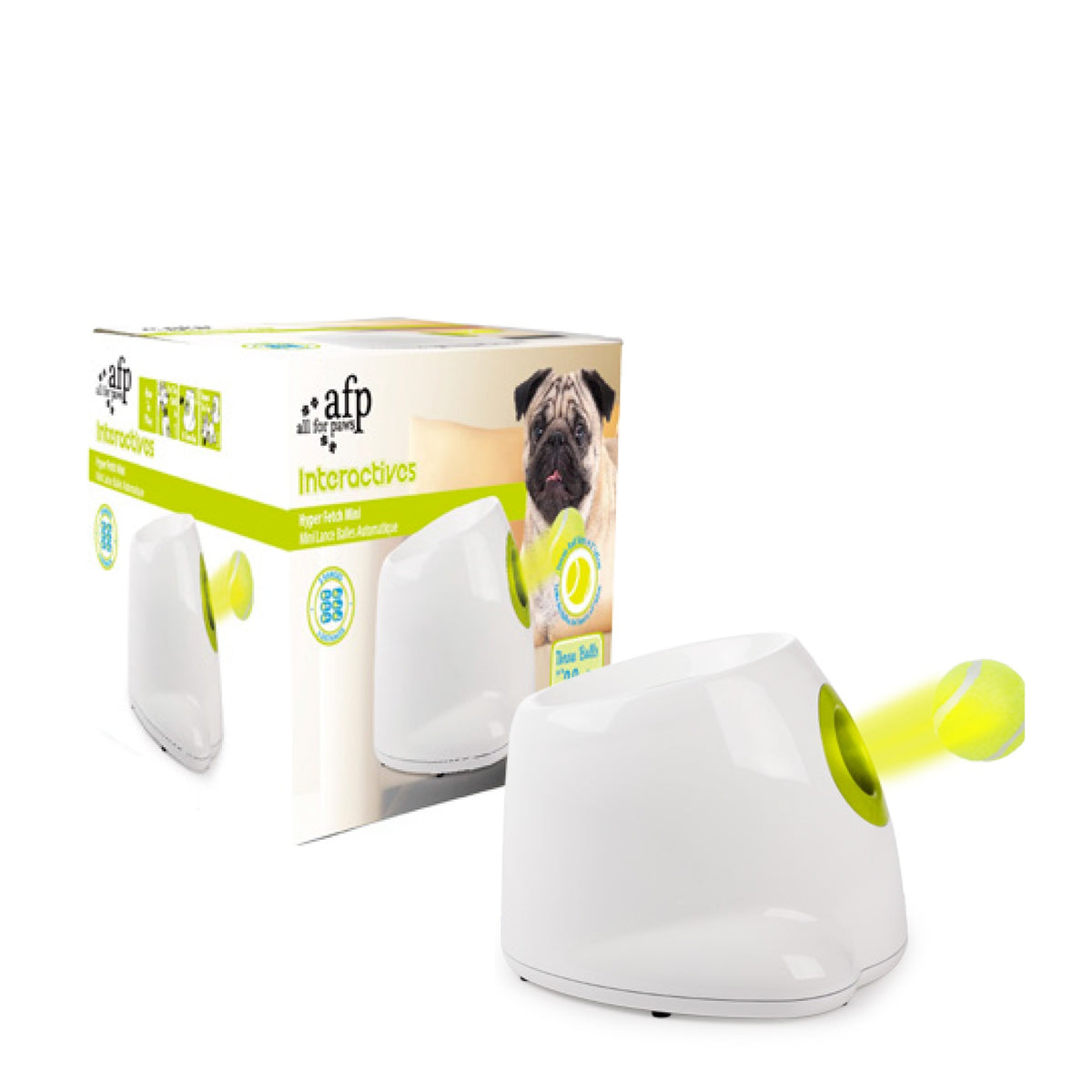All for Paws AFP Hyper Fetch Mini ball launcher in white and green, with its retail box behind