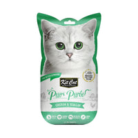 Kit Cat Purr Puree Chicken & Scallop cat treat, front of the green 4-tube cat-shaped sleeve