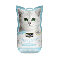 Kit Cat Purr Puree Chicken & Smoked Fish cat treat, front of the blue 4-tube cat-shaped sleeve
