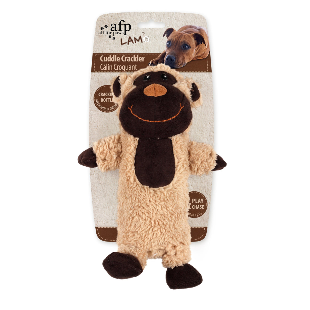All for Paws AFP LAM Cuddle Crackler monkey plush dog toy on its printed header card