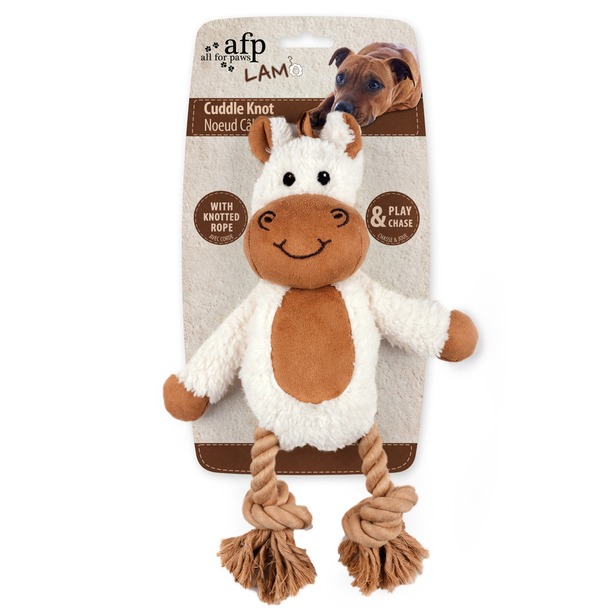 All for Paws AFP LAM Cuddle Knot horse plush dog toy with knotted rope legs, on its card