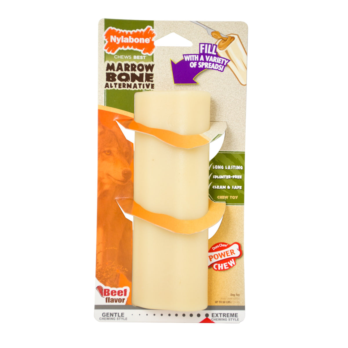 Front of the Nylabone Power Chew marrow bone alternative pack, beef flavour, fillable with spreads